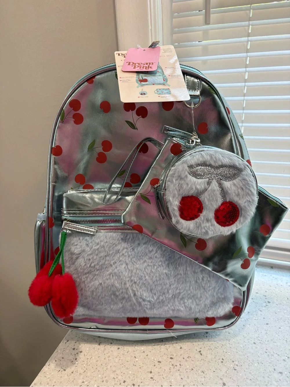 NWT VIRAL Dream Pink Metallic Blue Cherry 3 piece Backpack